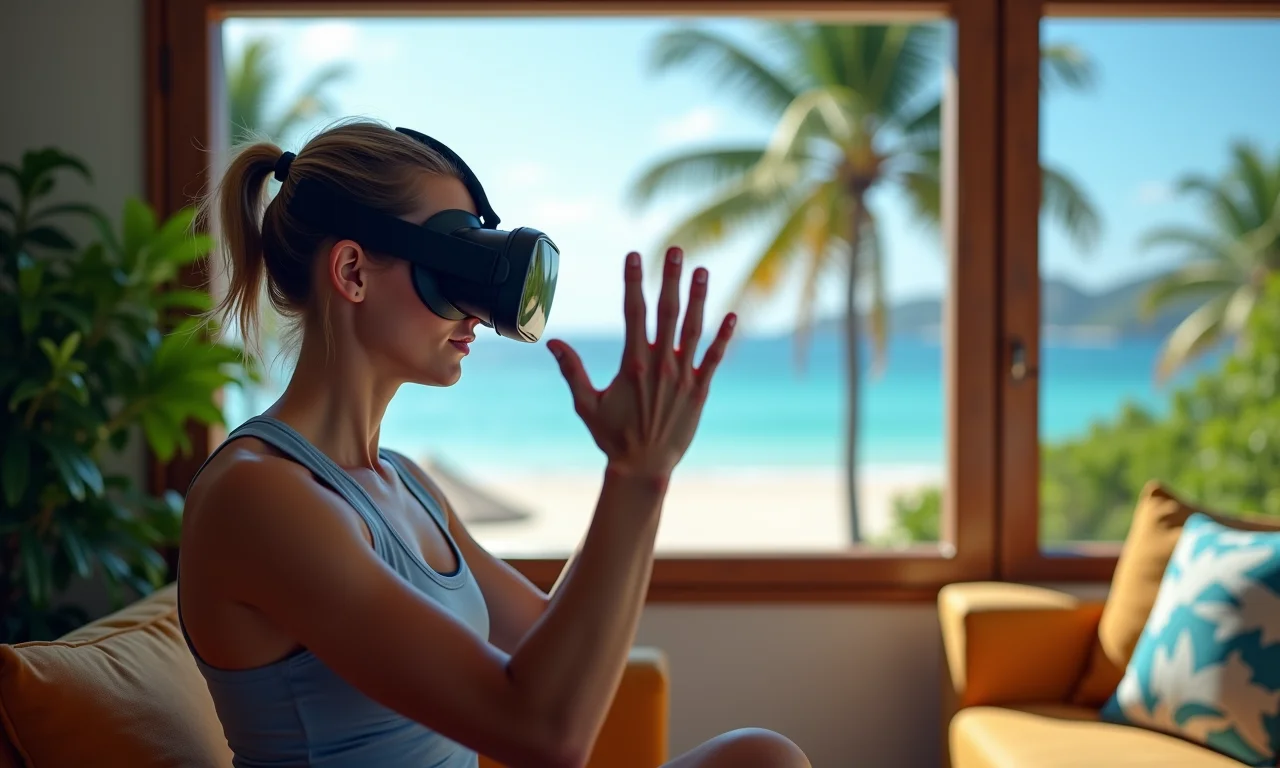 Atleta treina com realidade virtual em cenário tropical.