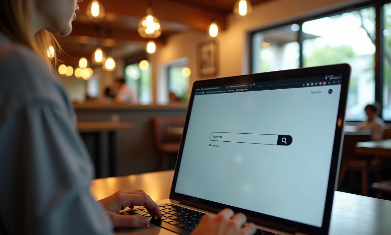 Barra de busca com filtros inteligentes em uso em café moderno.