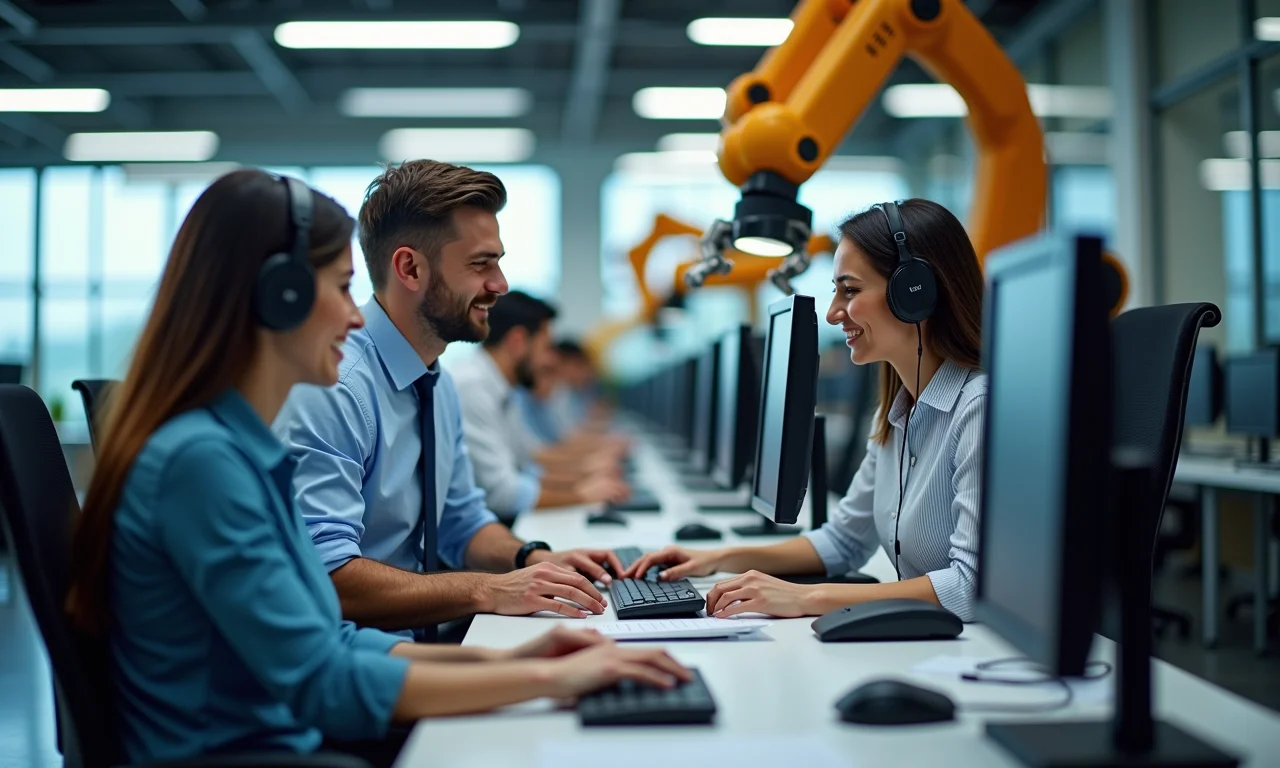 Benefícios da RPA em um call center brasileiro com braços robóticos auxiliando.