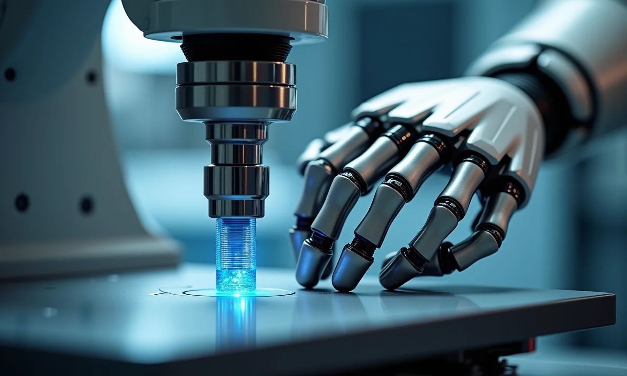 Braço robótico fabricando implantes médicos personalizados.