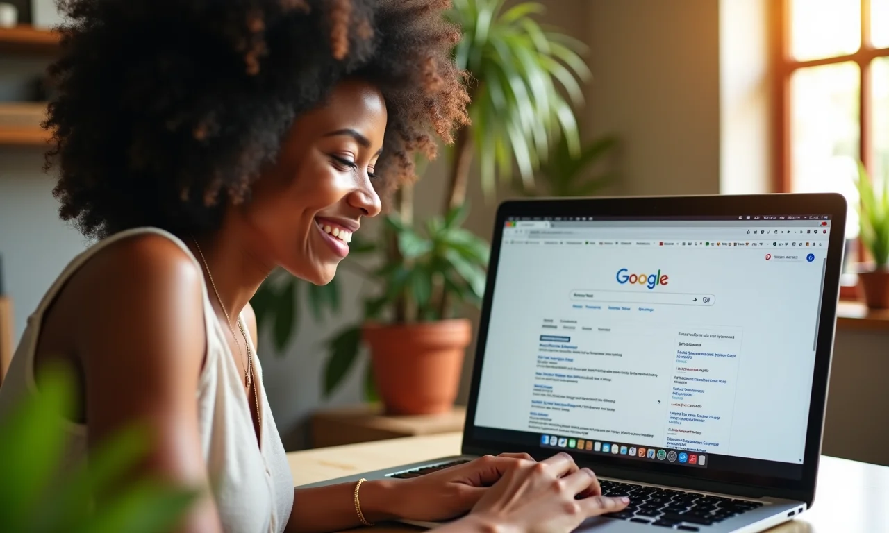 Brasileira sorrindo ao ver seu site no topo dos resultados de busca do Google.