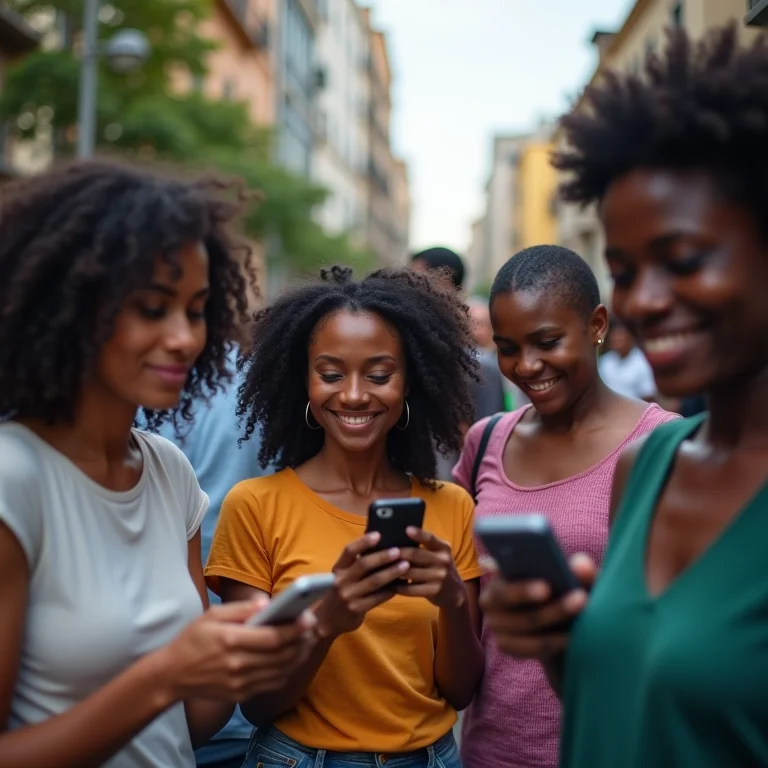 Brasileiros de diferentes etnias usando smartphones para acessar serviços financeiros, representando a inclusão financeira proporcionada pelo Real Digital.
