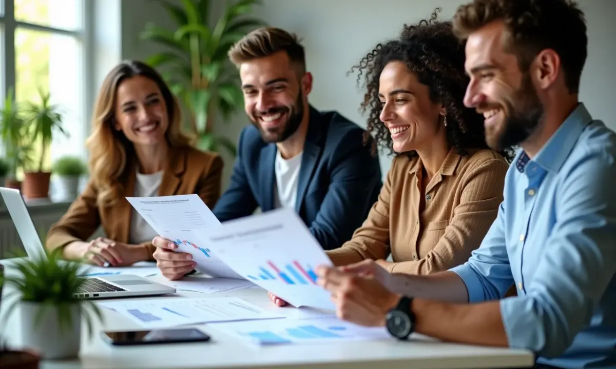 Brasileiros diversos analisam gráficos de investimento sorrindo.