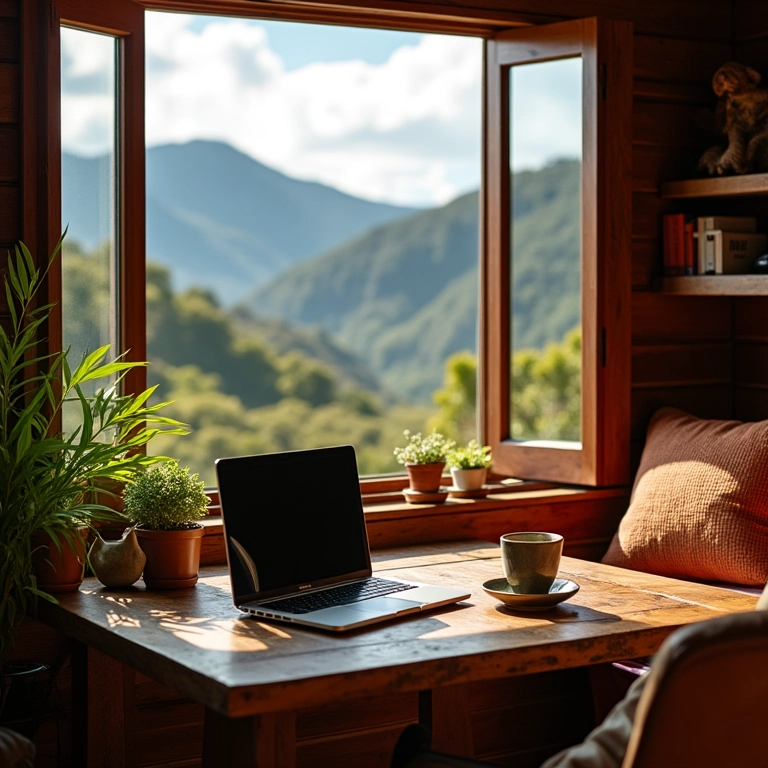 Cabana aconchegante em Gramado, com laptop, café e vista para as montanhas.