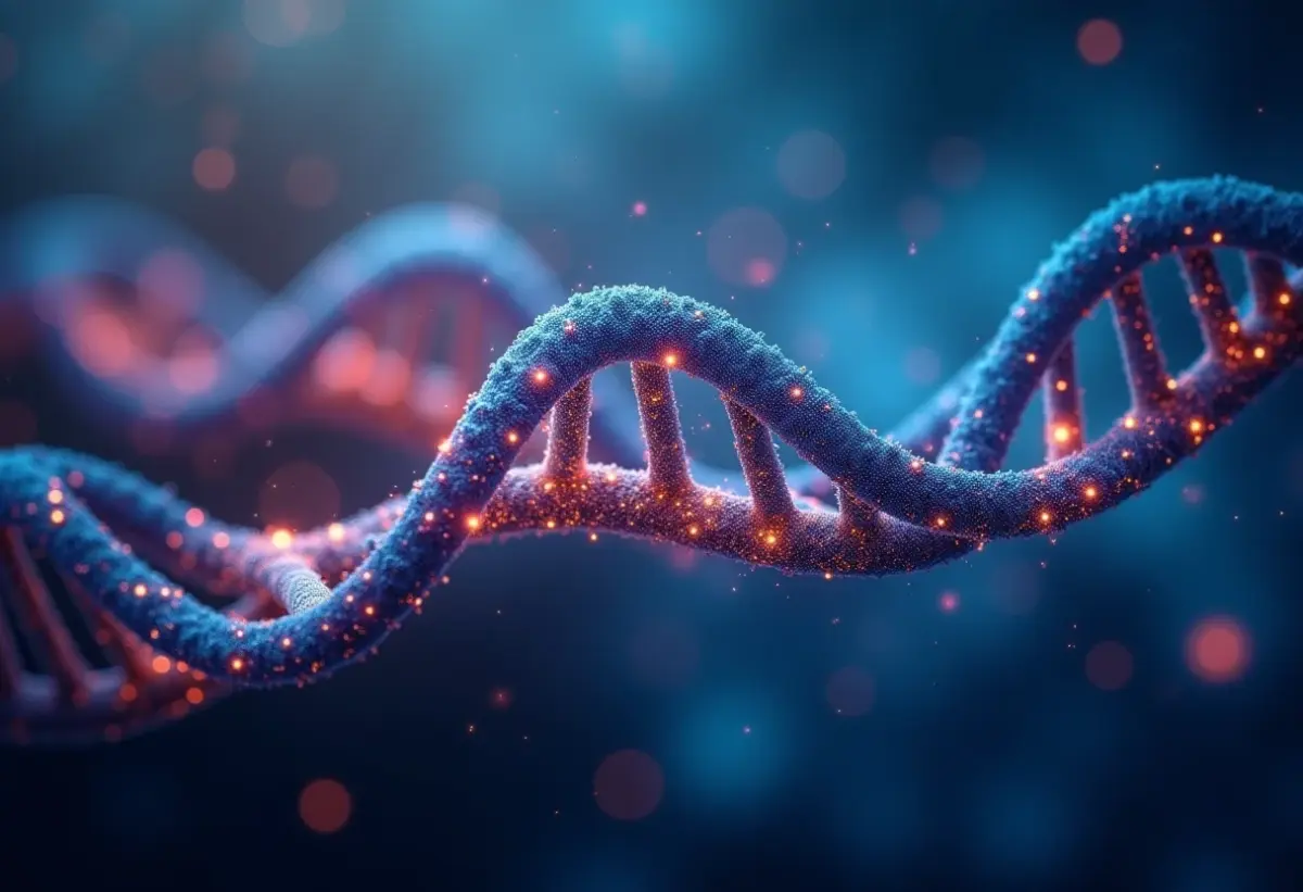 Cadeia de DNA futurista entrelaçada com uma paisagem urbana, representando a medicina de precisão.