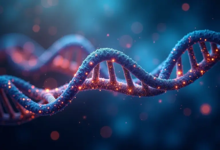 Cadeia de DNA futurista entrelaçada com uma paisagem urbana, representando a medicina de precisão.