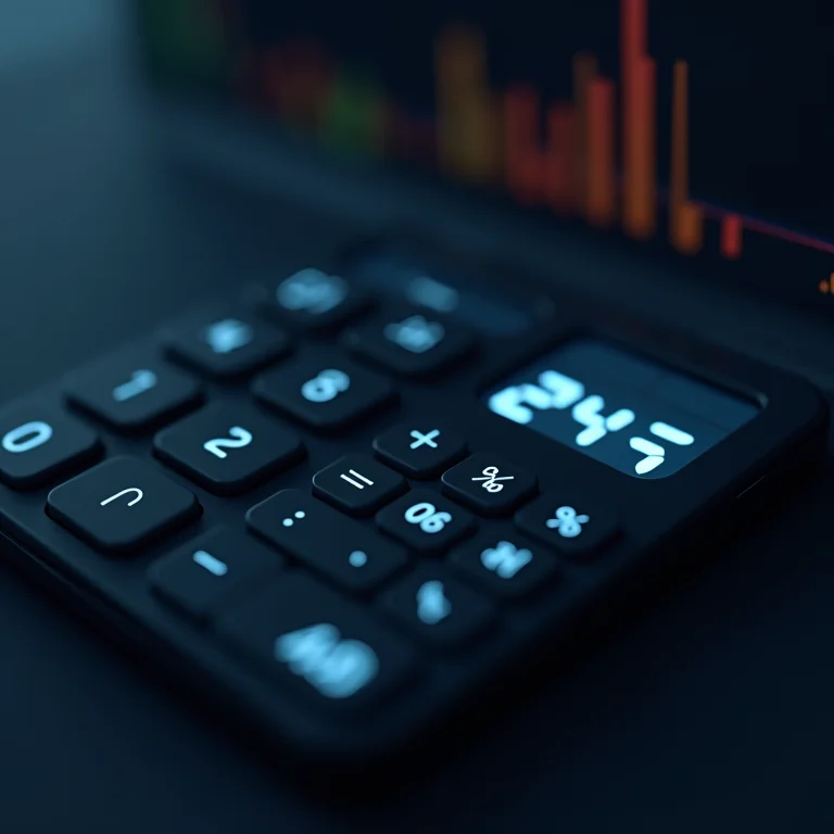 Calculadora mostrando porcentagens com tela de cotações de ações ao fundo.
