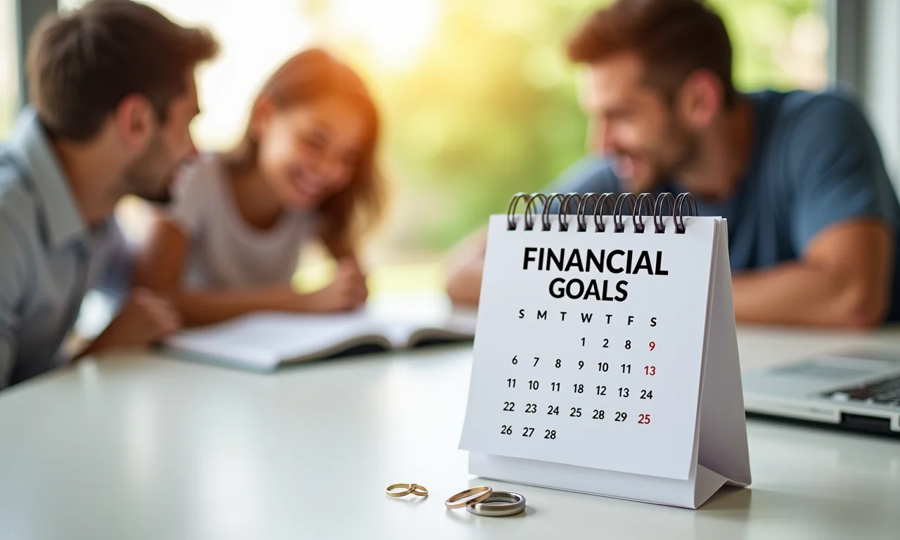 Calendário com metas financeiras destacadas para o casal.