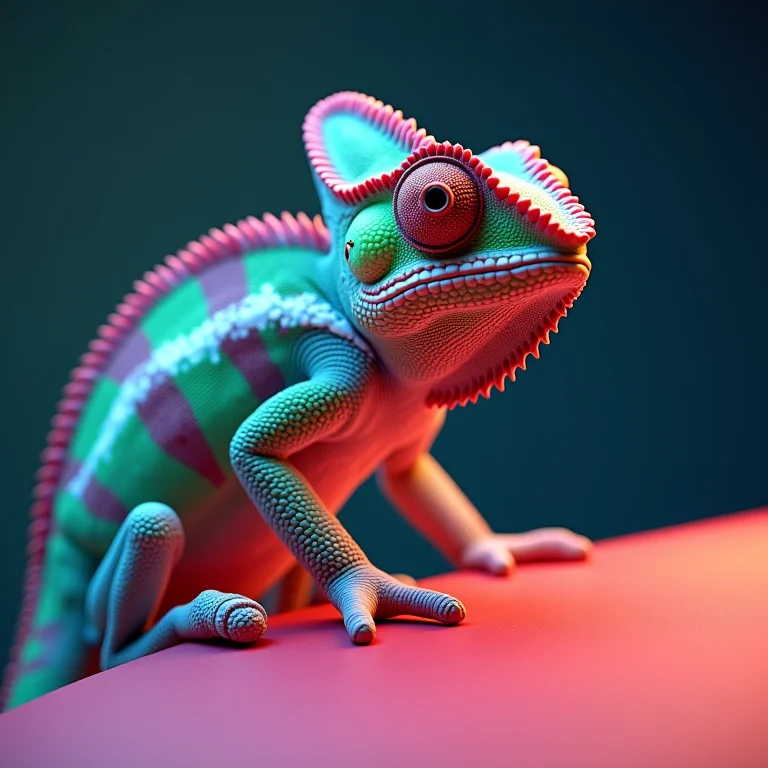 Camaleão se adaptando a diferentes superfícies coloridas.
