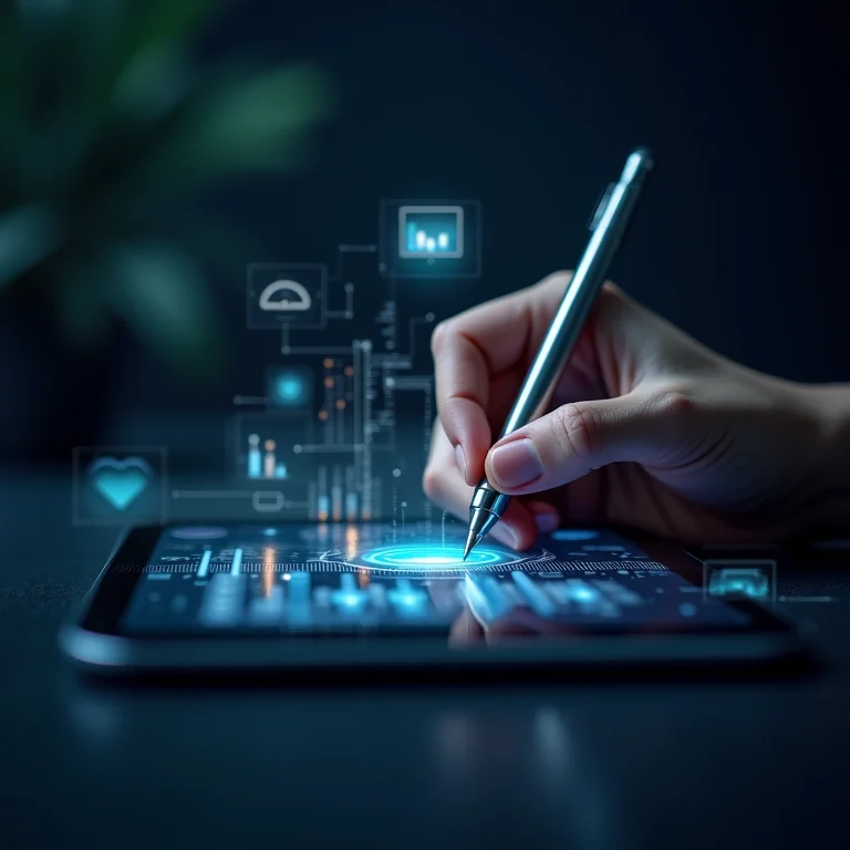 Caneta digital escrevendo em um tablet com ideias criativas ao redor.