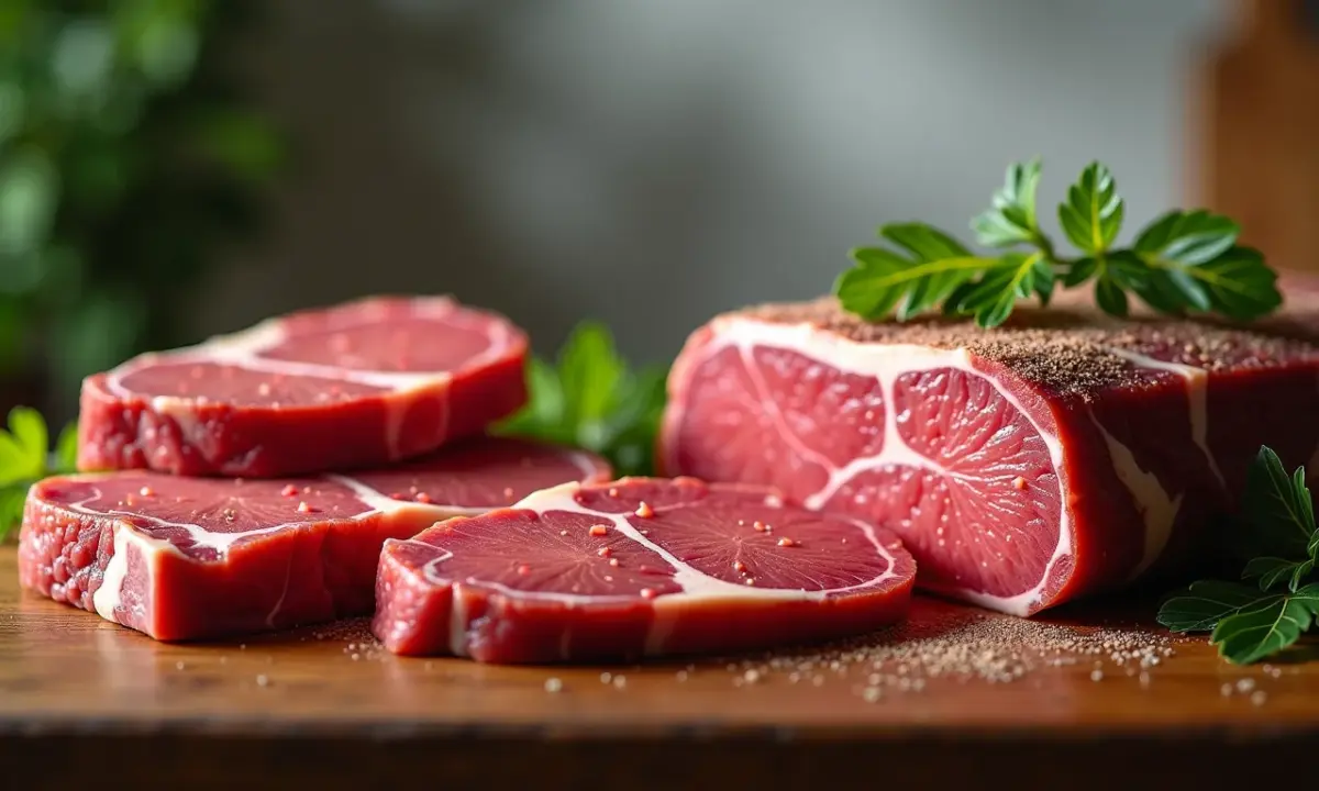 Carne de laboratório e carne tradicional lado a lado em cozinha moderna, representando a inovação alimentar.