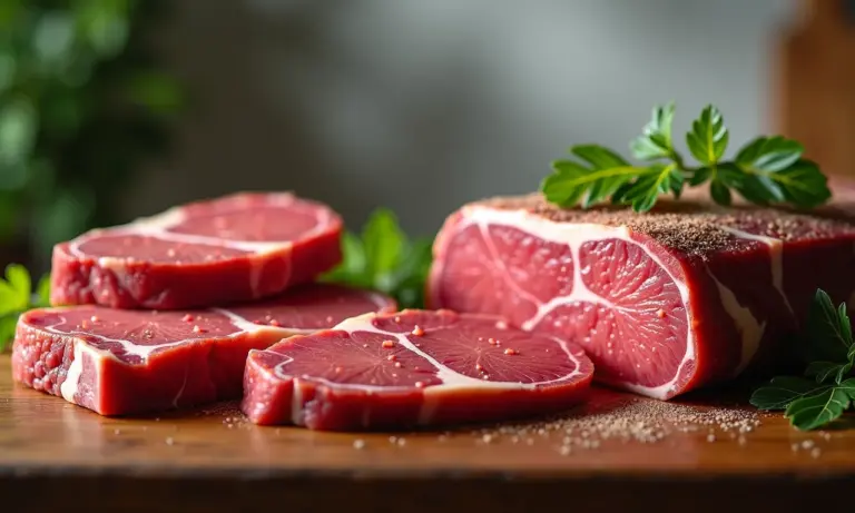 Carne de Laboratório A Inovação que Pode Mudar a Pecuária Carne de laboratório e carne tradicional lado a lado em cozinha moderna, representando a inovação alimentar.