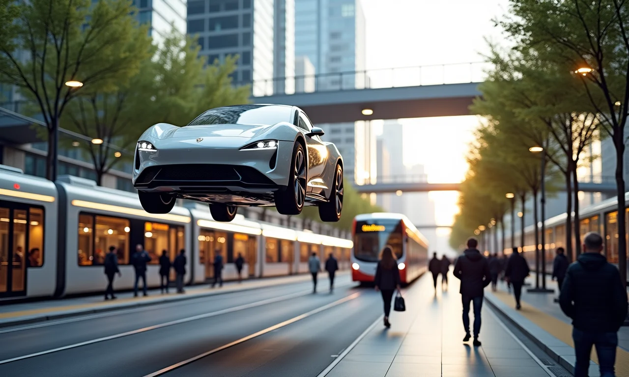 Carro voador integrado a um moderno terminal de transporte público.