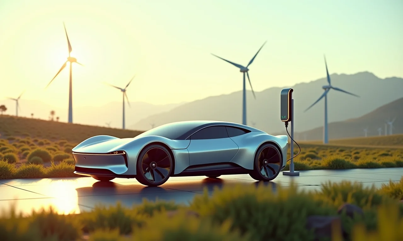Carro voador movido a energia solar recarregando em estação sustentável.