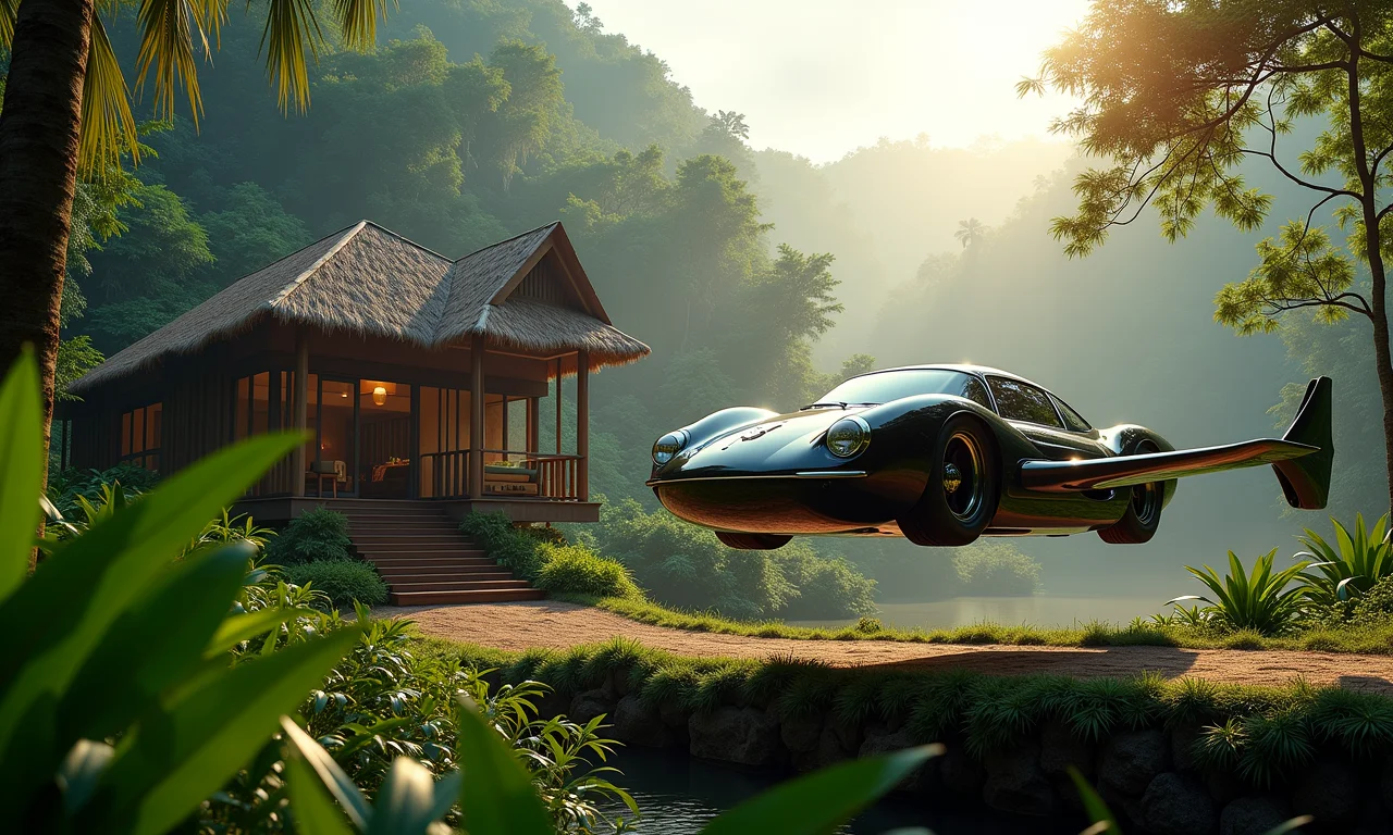 Carro voador pousando próximo a um eco-lodge remoto na Amazônia.
