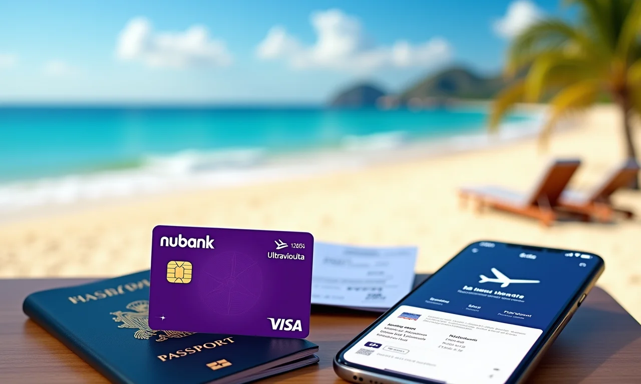 Cartão Nubank Ultravioleta com documentos de viagem e seguro