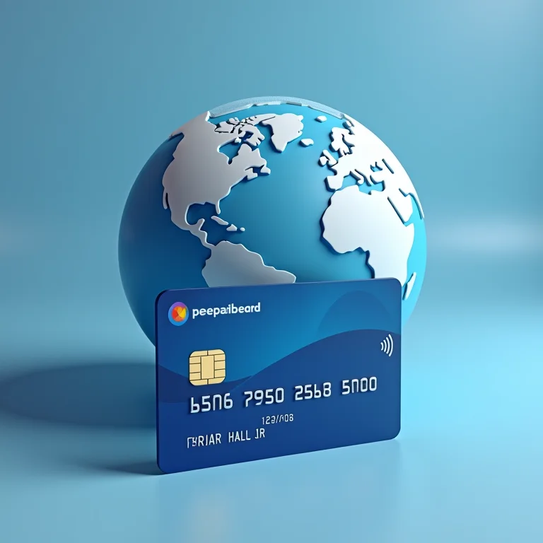 Cartão pré-pago internacional com um globo ao fundo.