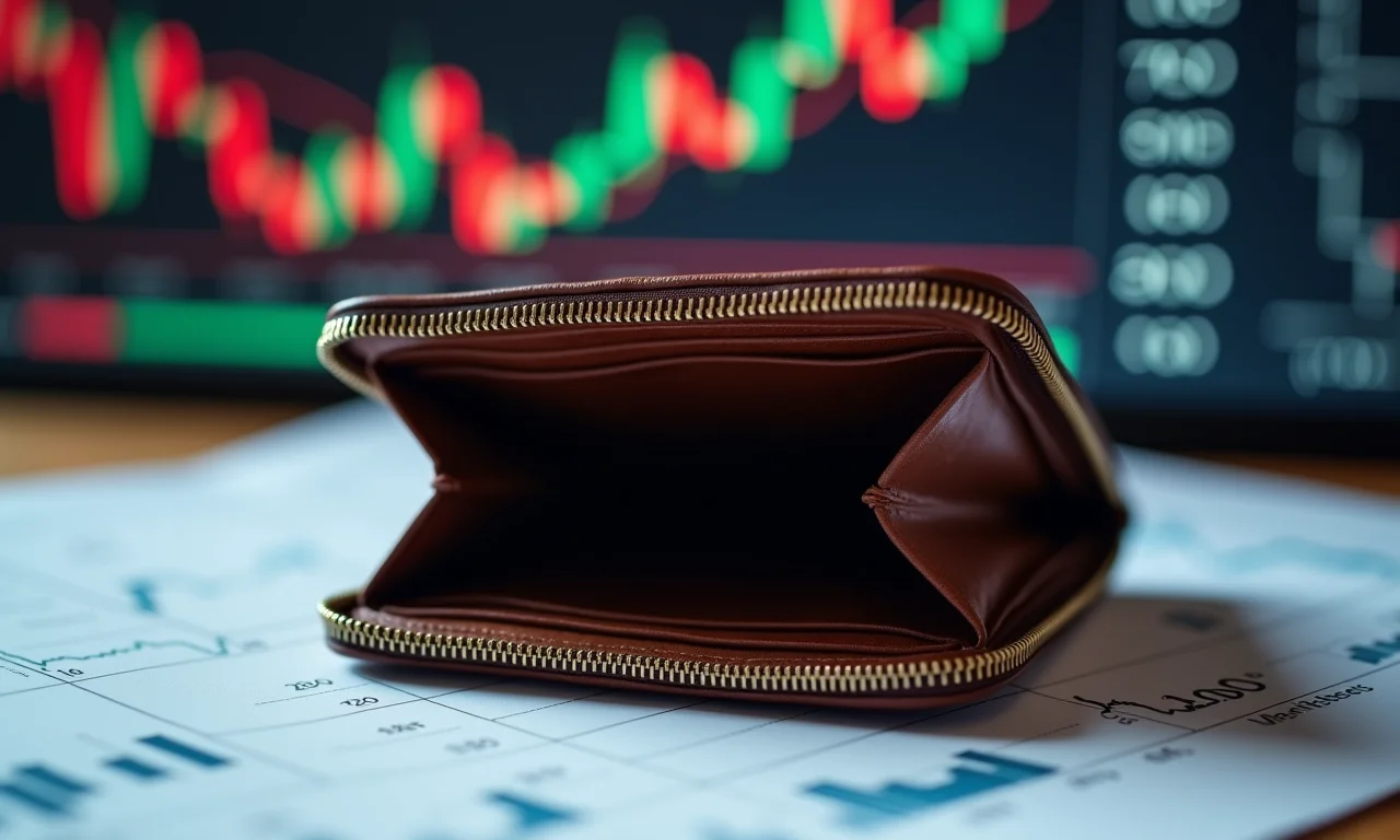 Carteira vazia sobre a mesa com gráficos do mercado de ações ao fundo. Impacto da deflação nos investimentos.