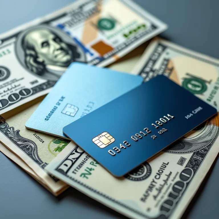 Cartões de crédito e débito ao lado de notas de dólar.