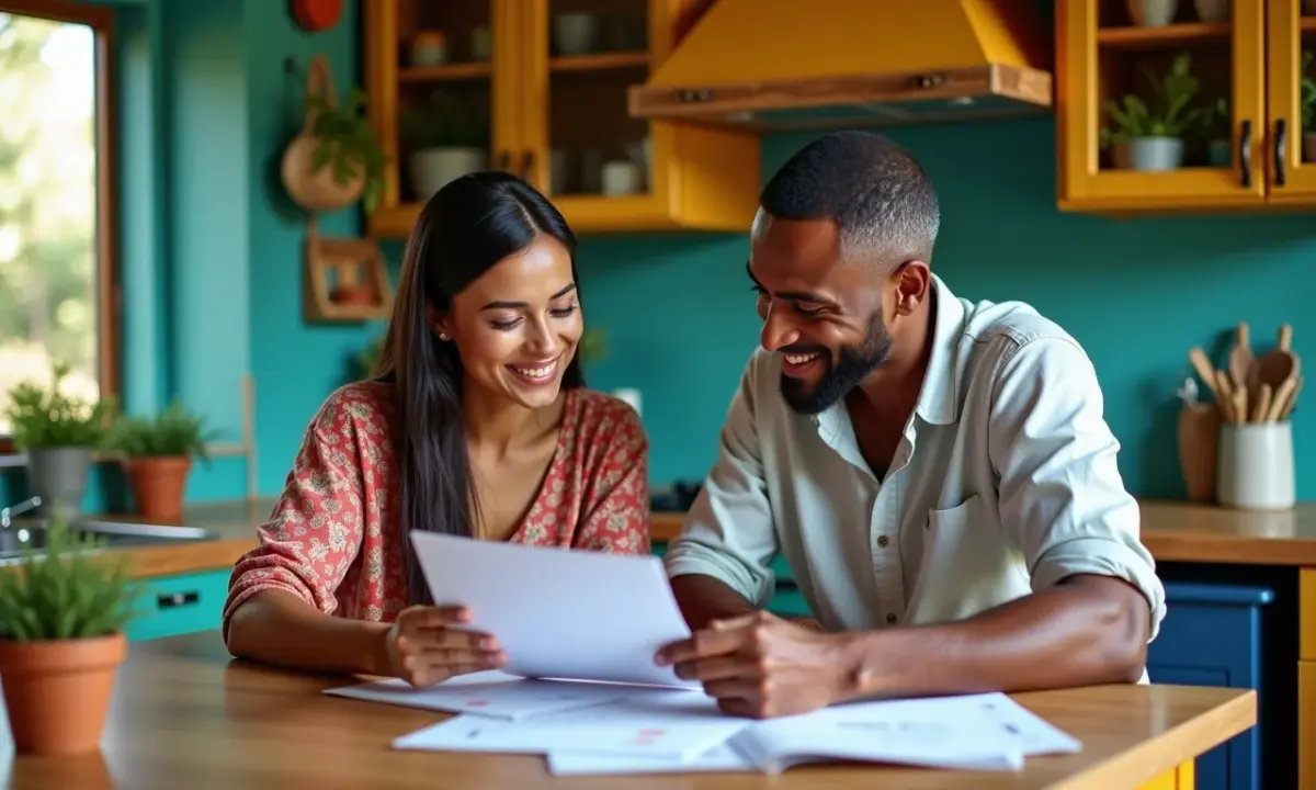 Casal analisa finanças em mesa colorida, estilo Farm Rio.