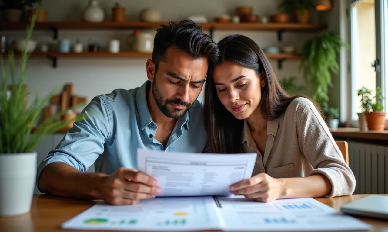 Casal analisando documentos de financiamento imobiliário.
