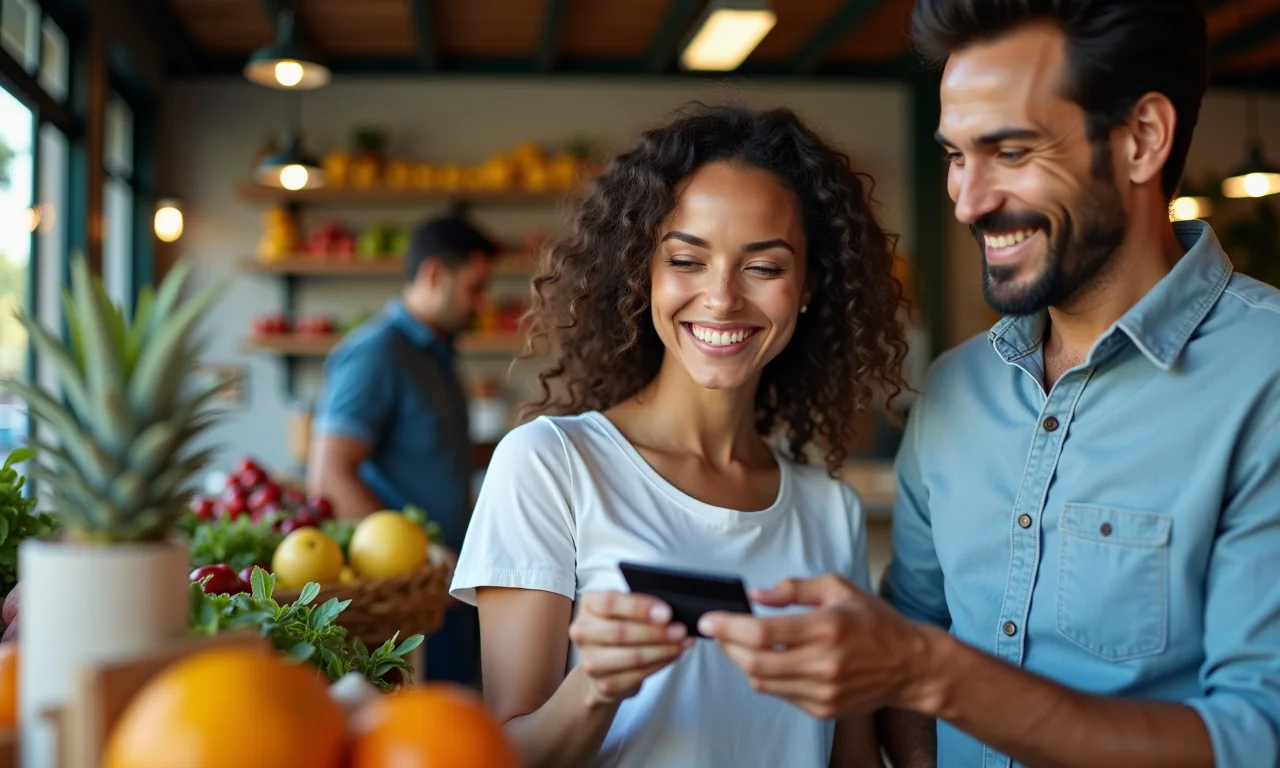 Casal brasileiro feliz usando cartão de crédito em mercado local, simbolizando acesso ao crédito sem consulta ao SPC/Serasa.