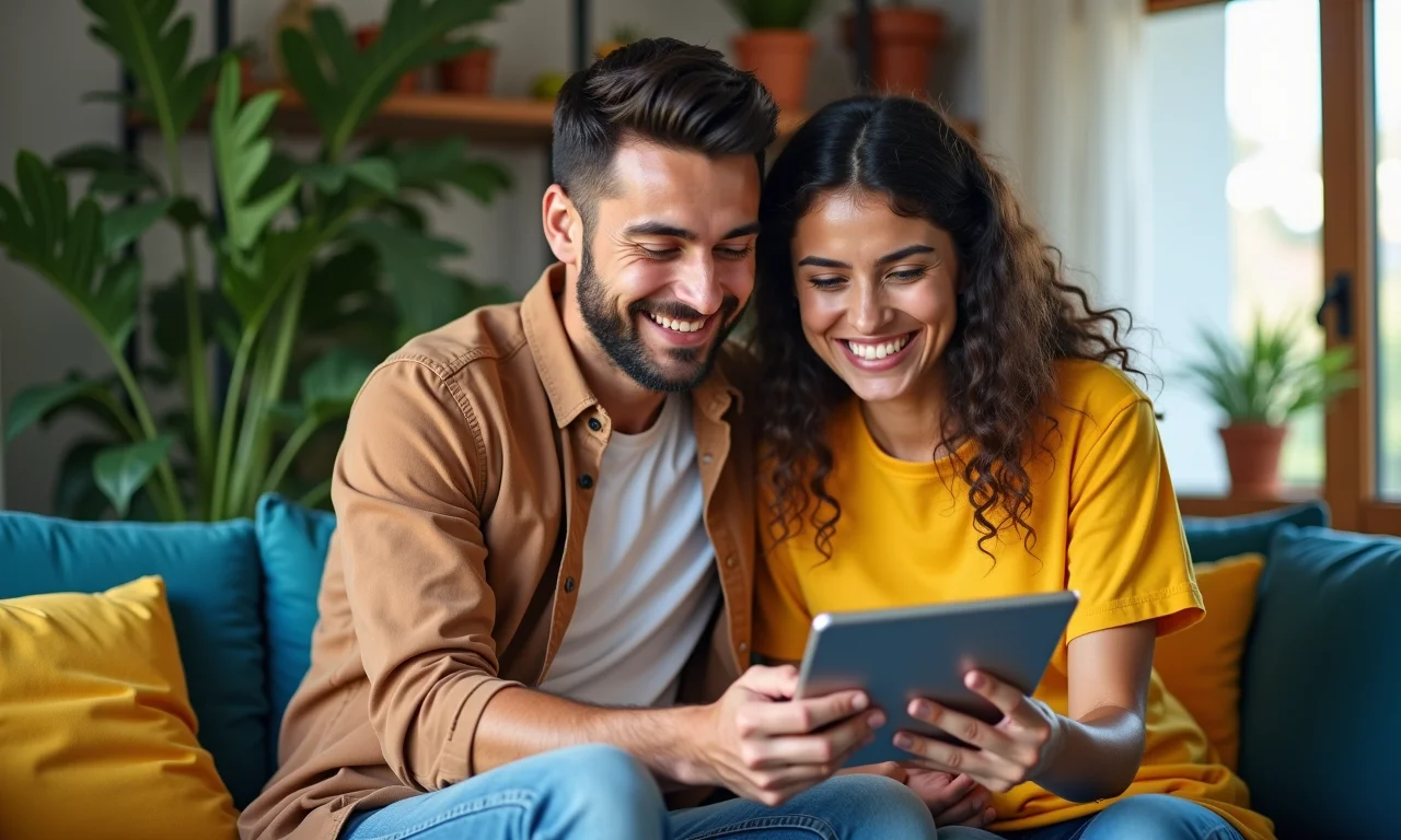 Casal brasileiro jovem discute investimentos em um tablet.