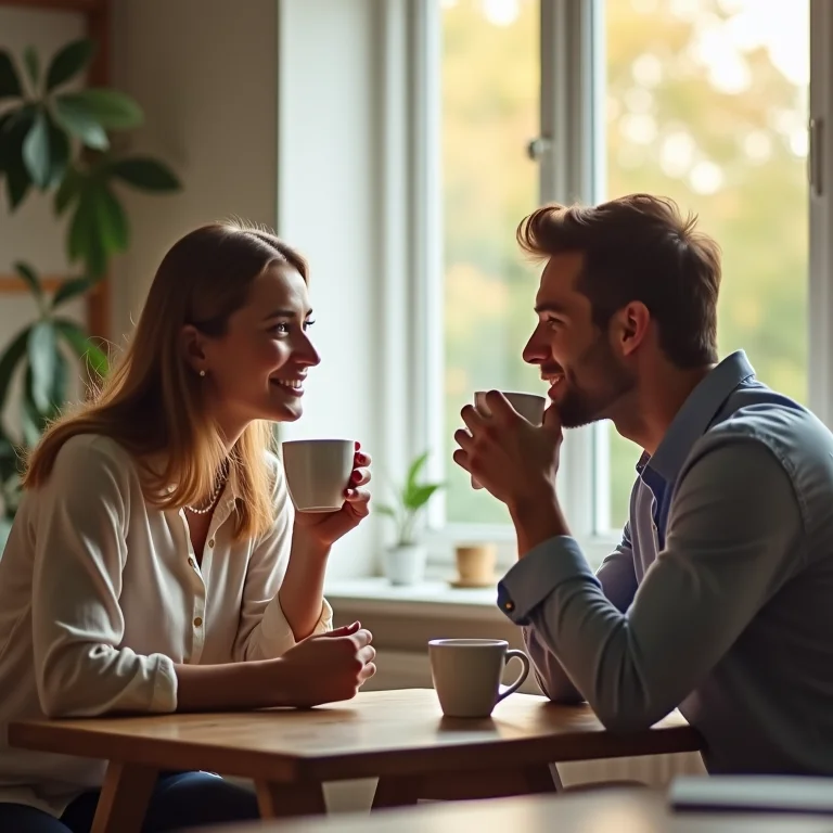 Casal conversando sobre finanças de forma calma tomando café