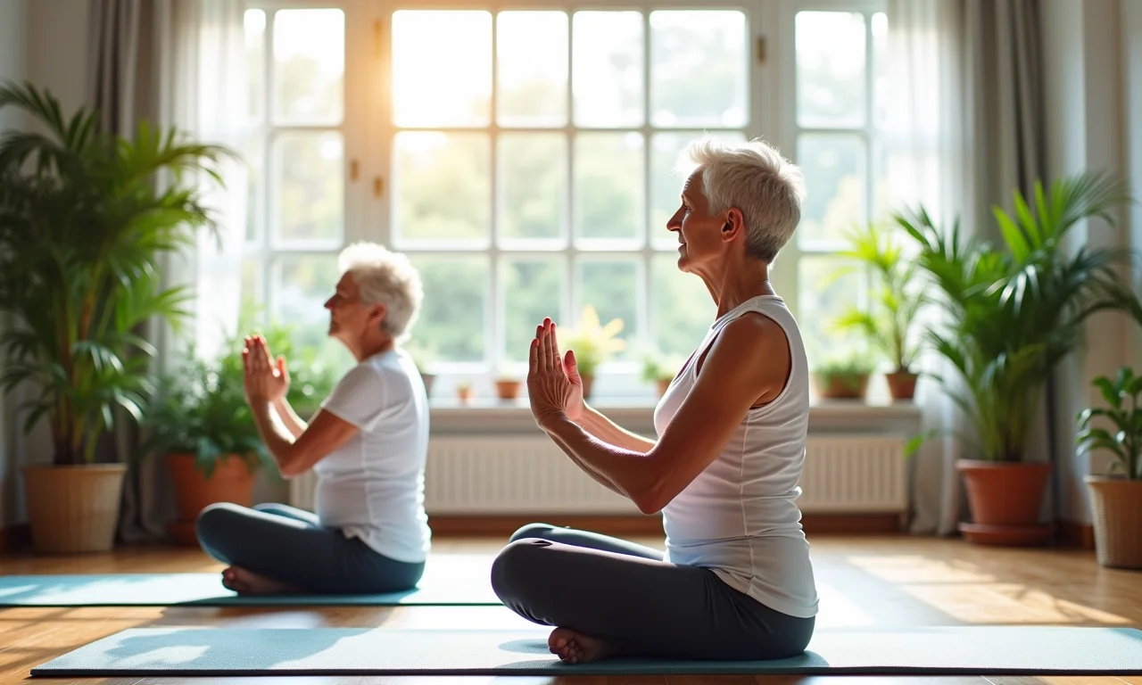 Casal de idosos praticando yoga em estúdio iluminado com plantas, representando bem-estar e envelhecimento ativo.