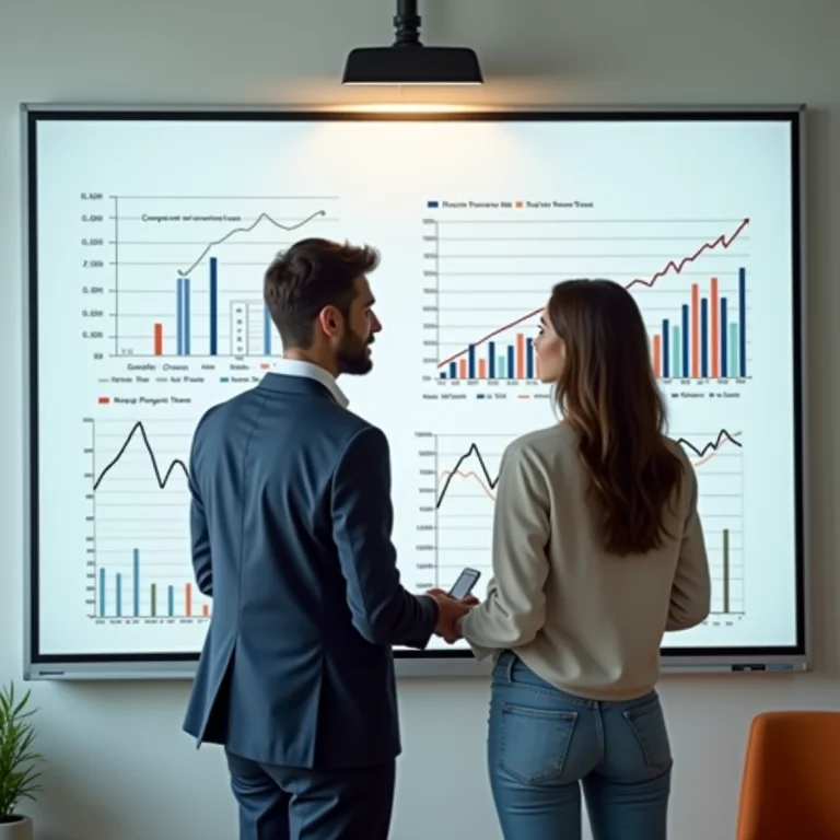Casal definindo metas financeiras em conjunto com projeções em quadro branco