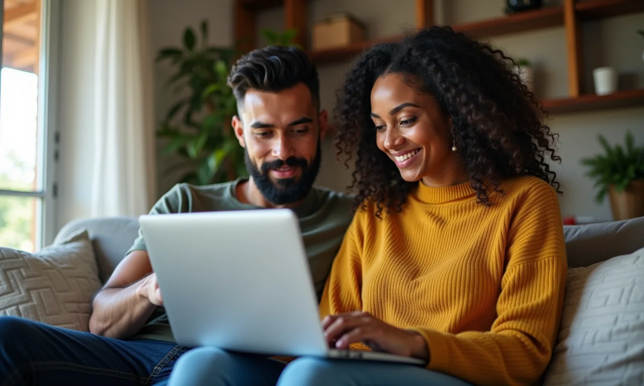 Casal diverso discutindo opções de empréstimo em laptop em sala de estar aconchegante.
