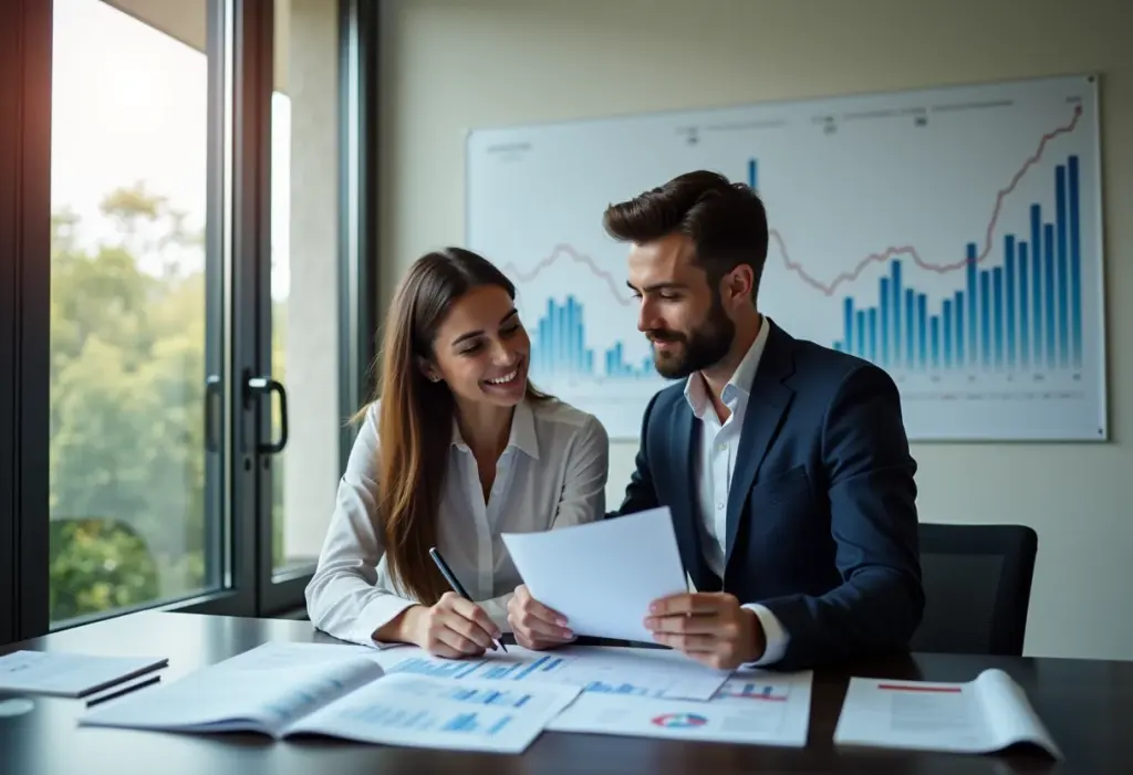 Casal empreendedor analisando finanças em escritório moderno