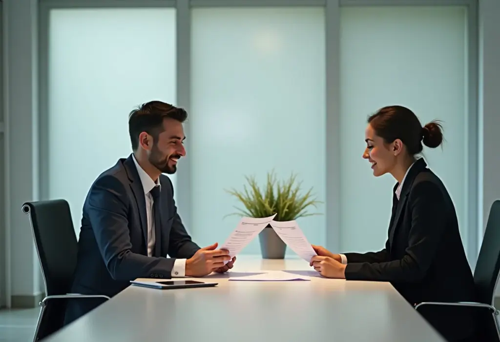 Casal empreendedor analisando finanças em escritório moderno