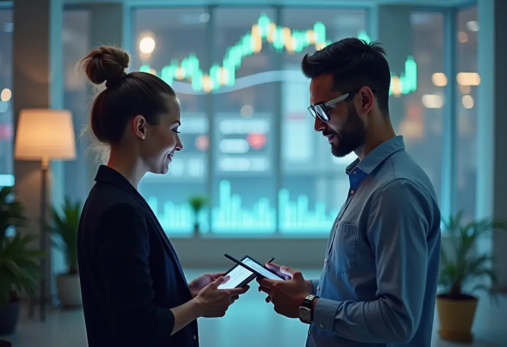 Casal empreendedor analisando gráficos financeiros em tablet