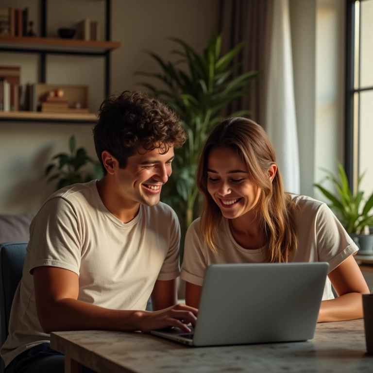 Casal jovem planejando a aposentadoria em apartamento aconchegante.