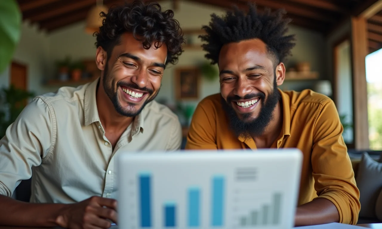Casal sorrindo ao analisar orçamento em laptop.