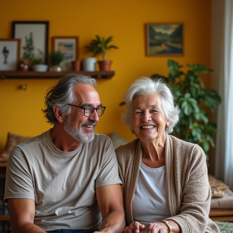Casal sorrindo em casa, livre de dívidas.
