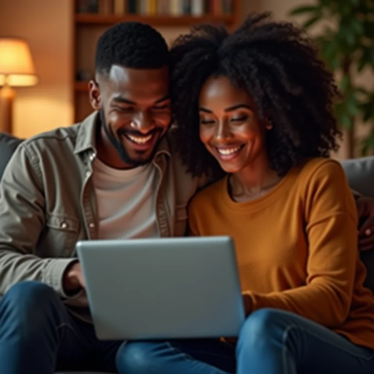 Casal visualizando ofertas personalizadas em um laptop