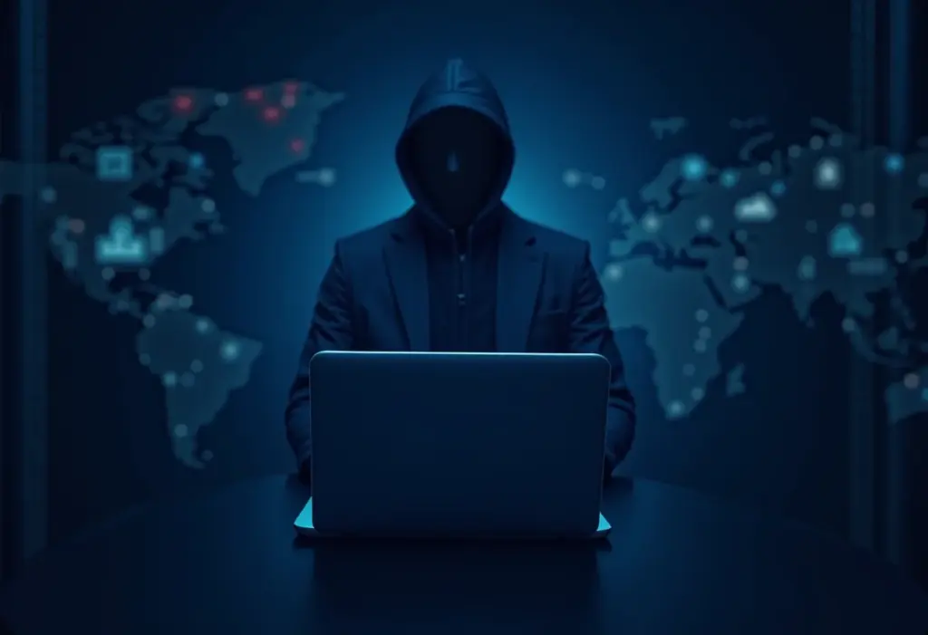 Cenário de golpe online com um fraudador digital à espreita.
