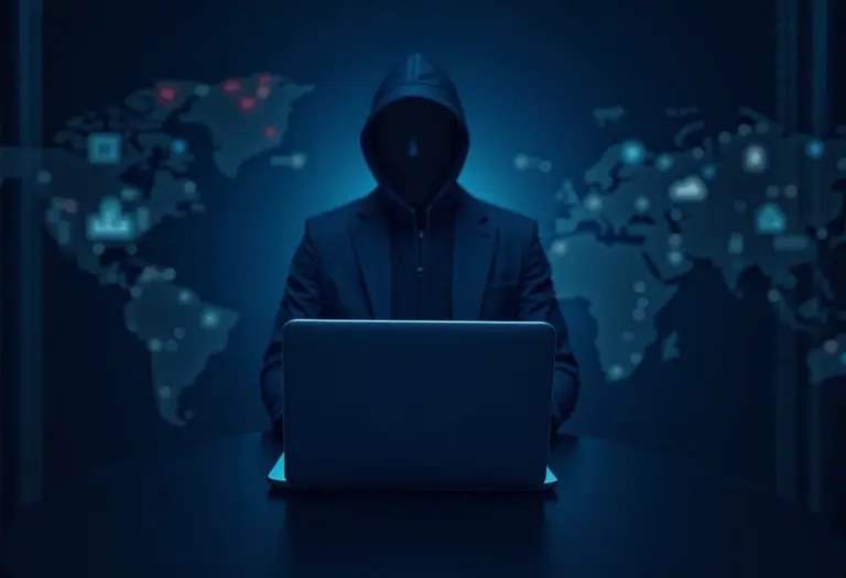 Cenário de golpe online com um fraudador digital à espreita.