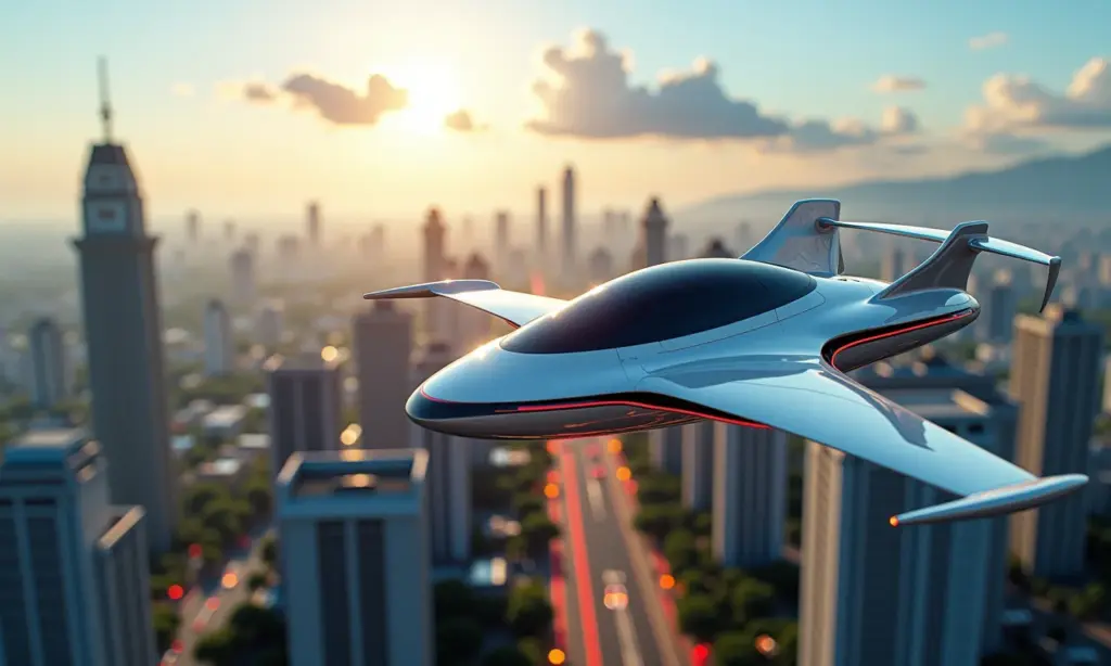 Cenário futurista com carros voadores sobre uma vibrante cidade brasileira.