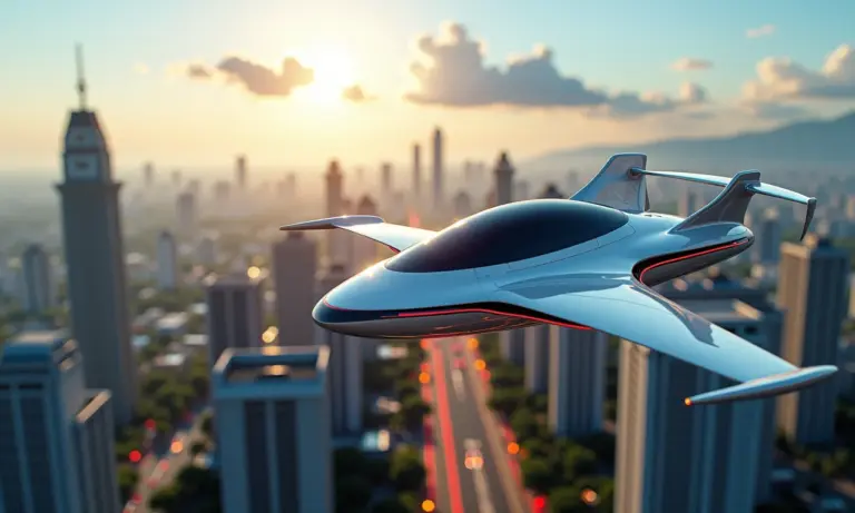 Cenário futurista com carros voadores sobre uma vibrante cidade brasileira.