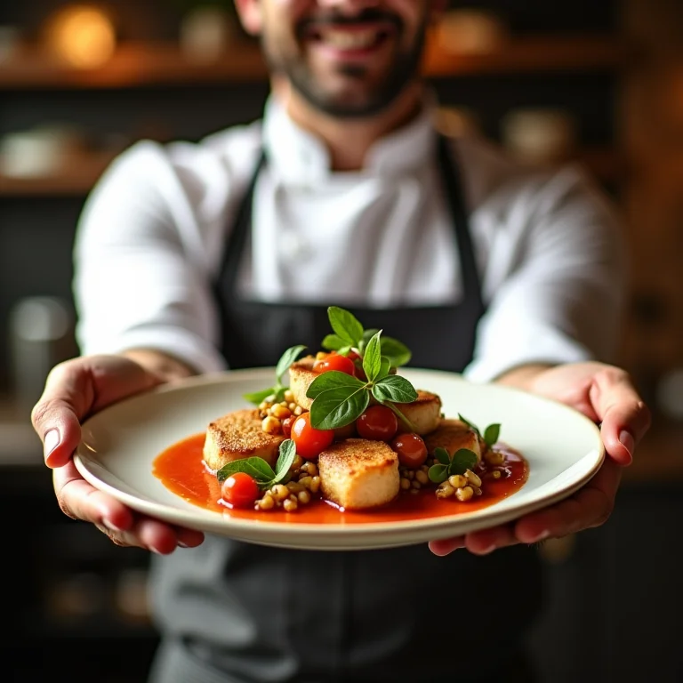 Chef apresentando um prato inovador.