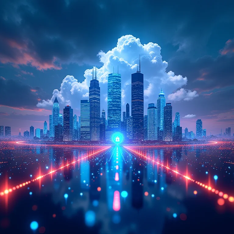 Cidade futurista com dados fluindo entre bancos holográficos e nuvens digitais, representando o futuro da segurança bancária na nuvem
