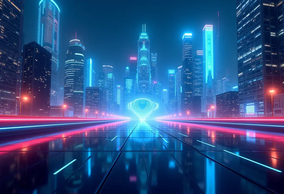 Cidade futurista com elementos de jogos e realidade, representando a inovação nos games.