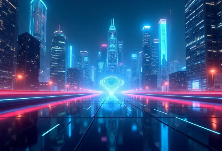 Cidade futurista com elementos de jogos e realidade, representando a inovação nos games.