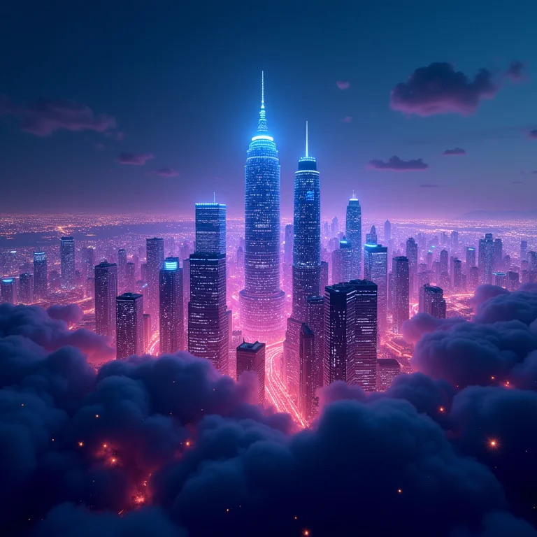 Cidade futurista com links conectando prédios, representando tendências de link building.