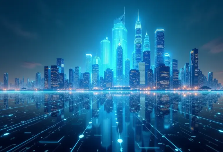 Cidade futurista mesclando realidade física e digital com projeções holográficas.
