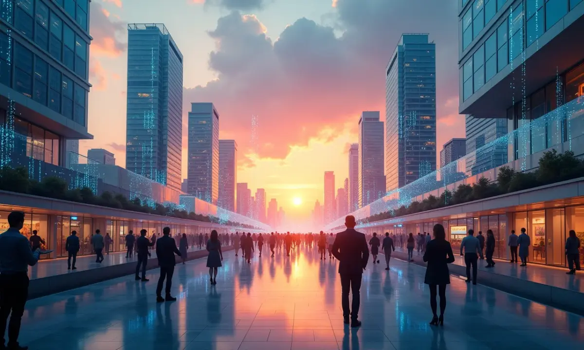 Cidade futurística com IA integrada, representando inovação tecnológica.