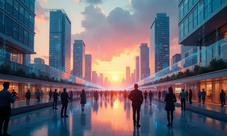 Cidade futurística com IA integrada, representando inovação tecnológica.